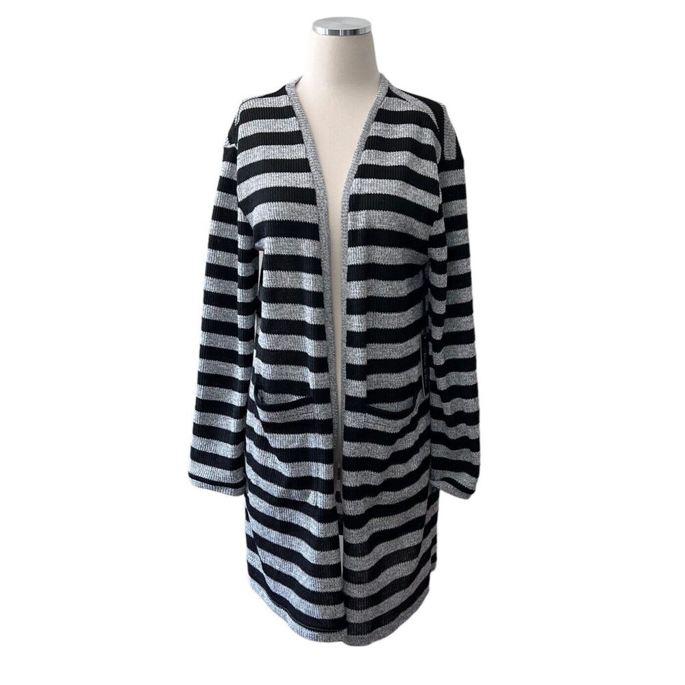 NWT Doe & Rae Open Front Knit Cardigan Duster Gray and Black Striped Size M